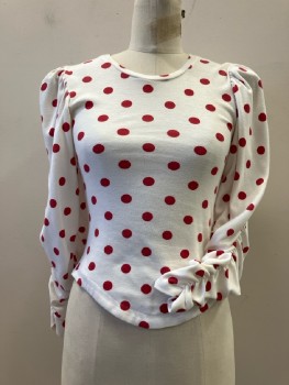 Womens, 1980s Vintage, Piece 1, N/L, W:24-6, B:30, Top: White Jersey Knit with Red Polk A Dots, Round Neck,  L/S, Pull On, Top with Shoulder Pads And Elastic Rouched Sleeves