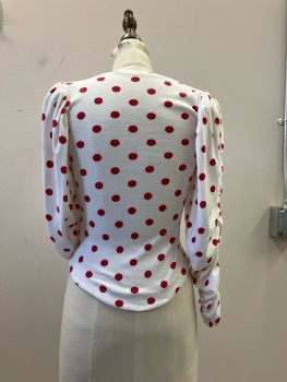 N/L, Top: White Jersey Knit with Red Polk A Dots, Round Neck,  L/S, Pull On, Top with Shoulder Pads And Elastic Rouched Sleeves