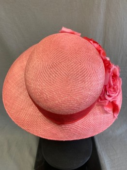 Womens, Hat , Louise Green, Pink, Red, Polyester, Basket Weave, Ruffled Flowers, Sheer Band