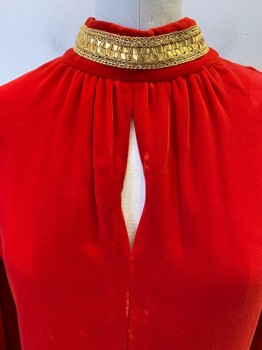 NO LABEL, Red, Gold, Polyester, Nylon, Solid, L/S, High Neck, Pleated Chest with Key Hole, Gold Band Detail on Collar & Cuffs, Back Zipper,