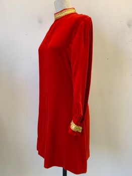 NO LABEL, Red, Gold, Polyester, Nylon, Solid, L/S, High Neck, Pleated Chest with Key Hole, Gold Band Detail on Collar & Cuffs, Back Zipper,