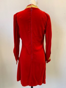 Womens, Dress, NO LABEL, Red, Gold, Polyester, Nylon, Solid, B32, L/S, High Neck, Pleated Chest with Key Hole, Gold Band Detail on Collar & Cuffs, Back Zipper,