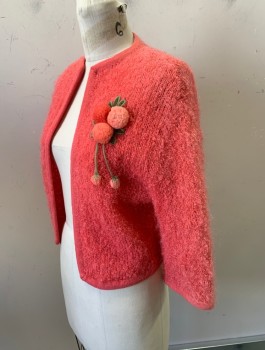 Womens, Sweater, N/L, Salmon Pink, Pink, Mohair, Novelty Pattern, B:34, Cardigan, 3 Dimensional Berries And Leaves Detail On Chest And One Sleeve, Fuzzy Knit, 3/4 Sleeves, Open Front With No Closures