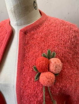 N/L, Salmon Pink, Pink, Mohair, Novelty Pattern, Cardigan, 3 Dimensional Berries And Leaves Detail On Chest And One Sleeve, Fuzzy Knit, 3/4 Sleeves, Open Front With No Closures