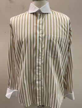 Mens, Dress Shirt, MODENA, White, Goldenrod Yellow, Dk Purple, Cotton, Stripes - Vertical , 36, 16, Woven "rope" Gold Stripe with Micro Side Stripe, L/S, White Contrast Collar & French Cuffs, Hidden Front Buttons, Single Pocket and Single Back Pleat