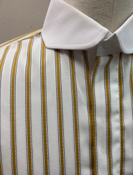 Mens, Dress Shirt, MODENA, White, Goldenrod Yellow, Dk Purple, Cotton, Stripes - Vertical , 36, 16, Woven "rope" Gold Stripe with Micro Side Stripe, L/S, White Contrast Collar & French Cuffs, Hidden Front Buttons, Single Pocket and Single Back Pleat