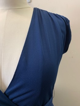 SAMUEL BLUE, Navy Blue, Polyester, Solid, Deep V-N, S/S, Ruched Shoulders, Wrap Style, Ties at Waist