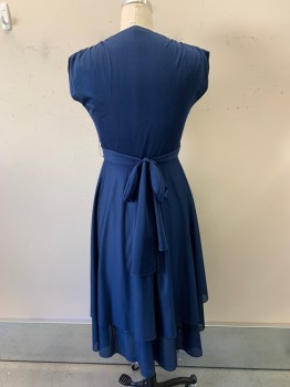 Womens, Dress, SAMUEL BLUE, Navy Blue, Polyester, Solid, 12, Deep V-N, S/S, Ruched Shoulders, Wrap Style, Ties at Waist