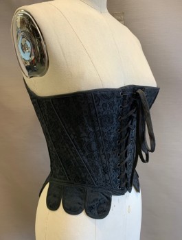 Womens, Historical Fiction Corset, N/L, Black, Polyester, Paisley/Swirls, W21-25, Jacquard, Boned, Lace Up In Front And In Back, Tabs At Waist