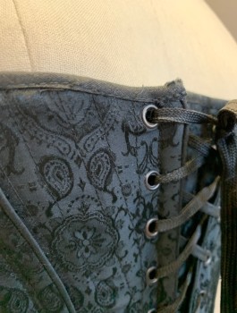 N/L, Black, Polyester, Paisley/Swirls, Jacquard, Boned, Lace Up In Front And In Back, Tabs At Waist