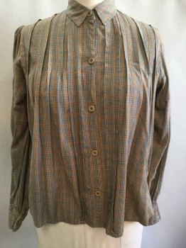 N/L, Brown, Tan Brown, Lt Blue, Cotton, Check , Stripes - Vertical , Long Sleeve, Button Front, Collar Attached, Vertical Pleats At Front, Puffy Gathered Sleeves, Button Cuffs, Made To Order, Multiples