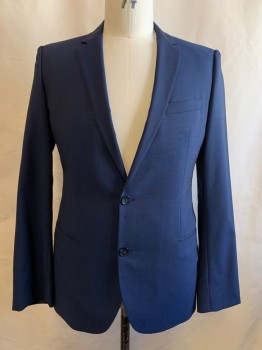 HUGO BOSS, Navy Blue, Wool, Solid, 3 Buttons, Single Breasted, Notched Lapel, 3 Pockets, Double Back Vents
