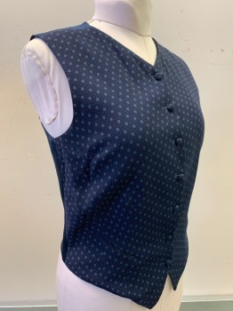 Womens, Vest, RICHARD TYLER, Midnight Blue, Slate Blue, Viscose, Dots, B:38, Crepe, V-Neck, Small Self Fabric Buttons at Front, 2 Slanted Welt Pockets, Navy Satin Lining and Back