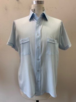 KOOLWEAVE, Baby Blue, Nylon, Stripes, S/S,Open Weave,2 Pockets,baby Blue Pearl Buttons