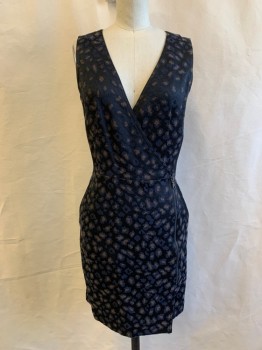 Womens, Dress, Sleeveless, MARC JACOBS, Black, Dk Purple, Brown, Cotton, Acetate, Abstract , 2, Abstract Blobs, Wrap Dress, Sleeveless, Inverted Pleats From Waist, 2 Pockets, Solid Black Side Panels, Skirt Zip Off Center Zip *altered*