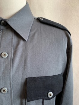 Mens, Fire/Police Shirt, ANTO, Dk Gray, Black, Poly/Cotton, Color Blocking, 17/35, Collar Attached, Button Front, Long Sleeves, 2 Pockets with Black Flaps, Black Epaulettes, Black Cuffs with Snaps, 2 Gray Buttons on Cuff