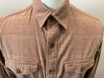 Mens, Casual Shirt, ORVIS, Pink, Brown, Cream, Cotton, Heathered, Plaid-  Windowpane, M, Multiples, L/S, B/F, C.A., 2 Button Flap Pockets, Brown Suede Elbow Patches