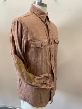 Mens, Casual Shirt, ORVIS, Pink, Brown, Cream, Cotton, Heathered, Plaid-  Windowpane, M, Multiples, L/S, B/F, C.A., 2 Button Flap Pockets, Brown Suede Elbow Patches
