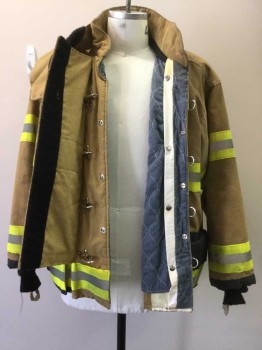 Mens, 2 Piece Fire Turnout Jacket, MORNING PRIDE, Gold, Black, Yellow, Silver, Dusty Blue, Nomex, Solid, Color Blocking, 34, 48, 2 PIECES Shell:  Black Cargo Pockets, Bands of Day-glo Yellow and Reflective Silver on Arms and Around Waist, Snap/ Buckle and Velcro Front Closure, Rib Knit Cuffs, Velcro Close Neck Protector. Removable Name Badge Back Hem (Assorted Names)  Lining: Dusty Blue Quilted Flannel, Snaps Onto Shell. Barcode is on Lining, Barcode Number is Written on  Shell.