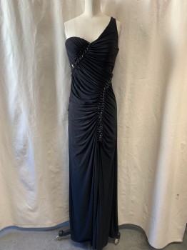 Womens, Evening Gown, LM COLLECTION, Black, Polyester, Spandex, 4, One Shoulder, Sweetheart Neckline, One Strap Diagonally Across Back, Black Rectangle Rhinestones & Chains Diagonally Across Bust and Left Side of Waist, Ruched, Floor Length, Zip Back