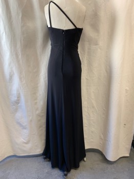 Womens, Evening Gown, LM COLLECTION, Black, Polyester, Spandex, 4, One Shoulder, Sweetheart Neckline, One Strap Diagonally Across Back, Black Rectangle Rhinestones & Chains Diagonally Across Bust and Left Side of Waist, Ruched, Floor Length, Zip Back