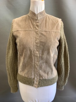 Womens, Leather Jacket, SWEATER BEE , Khaki Brown, Leather, M, Mandarin Collar, Snap Front, 2 Pockets, Knit Sleeves