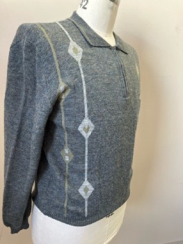 Mens, Sweater, CORTELLE, C 42, Gray with Lt Gray & Sage Diamond - Stripe Detail Front, Zip Placket, C.A., L/S, Pullover, 1 Chest Pkt