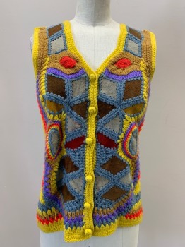 Womens, Vest, NO LABEL, Yellow, French Blue, Brown, Cherry Red, Periwinkle Blue, Polyester, Suede, Cable Knit, M, Sleeveless, V Neck, Crochet With Suede Patches, B.F., Made To Order