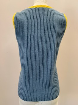 Womens, Vest, NO LABEL, Yellow, French Blue, Brown, Cherry Red, Periwinkle Blue, Polyester, Suede, Cable Knit, M, Sleeveless, V Neck, Crochet With Suede Patches, B.F., Made To Order