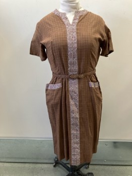 SEA ISLAND FASHION, Brown with Red/Olive Plaid, Cotton, Pull On, S/S, Side Zip, Maroon/White Embroiderred Trim Around Split CN/Down CF/Pockets, Matching Buckle BELT, Belt Loops,