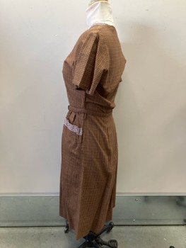 SEA ISLAND FASHION, Brown with Red/Olive Plaid, Cotton, Pull On, S/S, Side Zip, Maroon/White Embroiderred Trim Around Split CN/Down CF/Pockets, Matching Buckle BELT, Belt Loops,