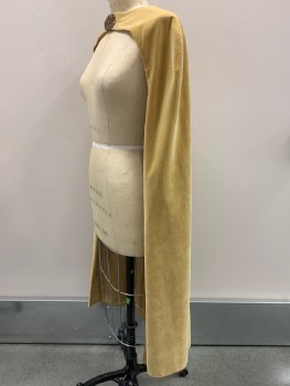 Womens, Historical Fiction Cape, NO LABEL, Mustard Yellow, Polyester, Cotton, Solid, OS, Velvet Texture, Brass Broach On Neck, Hook And Snap Button, Made To Order,
