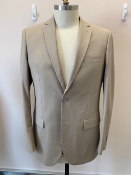 Mens, Sportcoat/Blazer, ALERTO CARDINALI, Tan Brown, Rayon, Polyester, Solid, 46L, Single Breasted, 2 Bttns, 3 Pckts, Double Vent, Notched Lapel, Tan/blue Plastic Buttons