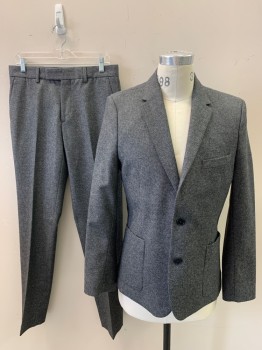 WHISTLES, Dk Gray, Wool, Polyester, Birds Eye Weave, Notched Lapel, Outer Breast Pocket, Patch Pockets, 2 Buttons, Center Back Vent