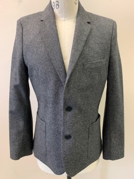 Mens, Suit, Jacket, WHISTLES, Dk Gray, Wool, Polyester, Birds Eye Weave, 38S, M, Notched Lapel, Outer Breast Pocket, Patch Pockets, 2 Buttons, Center Back Vent