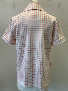 Womens, Blouse, Kreations, White, Orange, Polyester, Grid , B36, S/S, Button Front, C.A., Top Pockets,