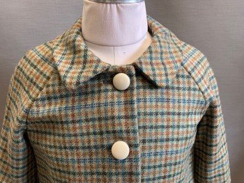 Childrens, Coat, BRITANNICAL, Tan Brown, Olive Green, Turquoise Blue, Beige, Red, Wool, Plaid - Tattersall, 5-6, 4 Cream Plastic Buttons, 2 Pockets, Raglan Sleeves,