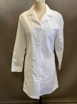 META, White, Polyester, Cotton, Solid, White Solid, Notched Lapel, 5 Large White Button Front, 3 Pockets, Belted Back with 2 Large White Buttons, Holes at Side of Front Pockets,