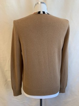Mens, Pullover Sweater, BURBERRY, Dk Khaki Brn, Black, Cream, Red, Cashmere, Polyamide, Solid, Stripes, L, Crew Neck, Black, Cream, and Red Stripes on Neck, Long Sleeves