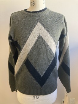 Mens, Sweater, ANCHOR BLUE, M, Dk Gray, Zigzag, Knit, CN, L/S, Pullover