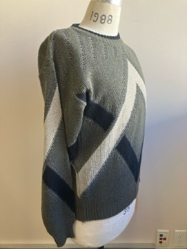 Mens, Sweater, ANCHOR BLUE, M, Dk Gray, Zigzag, Knit, CN, L/S, Pullover