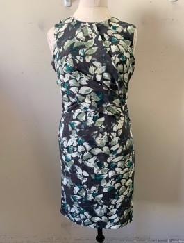Womens, Dress, Sleeveless, HOBBS, Dk Gray, Ecru, Sage Green, Emerald Green, Polyester, Abstract , B38, Sz.10, W30, Crepe, Round Neck, Draped Self Outer Layer at Torso, Straight Cut Through Hips, Knee Length, Invisible Zipper in Back