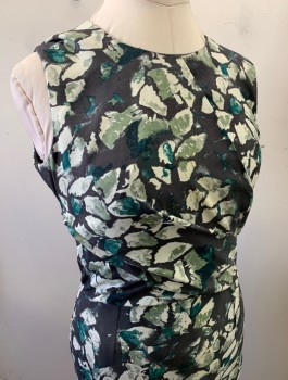Womens, Dress, Sleeveless, HOBBS, Dk Gray, Ecru, Sage Green, Emerald Green, Polyester, Abstract , B38, Sz.10, W30, Crepe, Round Neck, Draped Self Outer Layer at Torso, Straight Cut Through Hips, Knee Length, Invisible Zipper in Back