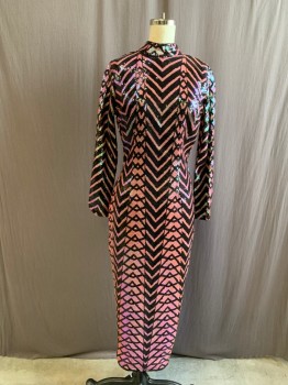 BANJUL, Pink, Black, Polyester, Sequins, Chevron, Band Collar with Button Loop at Back, Long Sleeves, Large Keyhole Back, Zipped Strap Across Back Waist, Zip Back, Hem Below Knee, Stretch
