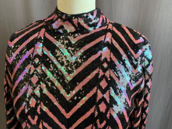 BANJUL, Pink, Black, Polyester, Sequins, Chevron, Band Collar with Button Loop at Back, Long Sleeves, Large Keyhole Back, Zipped Strap Across Back Waist, Zip Back, Hem Below Knee, Stretch