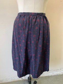 Womens, Skirt, CALVIN KLEIN, Navy Blue, Red Burgundy, Brown, Silk, Leaves/Vines , Stripes - Vertical , W 29, 1/2" Wide Self Waistband, Gathered at Waist, Knee Length, Straight Fit, Wrapped Closure in Front with Hook/Bar Closures at Side Waist, \