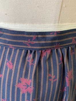 CALVIN KLEIN, Navy Blue, Red Burgundy, Brown, Silk, Leaves/Vines , Stripes - Vertical , 1/2" Wide Self Waistband, Gathered at Waist, Knee Length, Straight Fit, Wrapped Closure in Front with Hook/Bar Closures at Side Waist, \