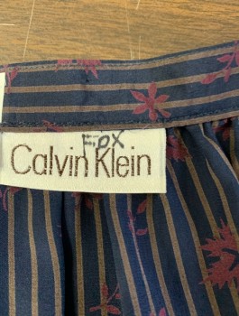 CALVIN KLEIN, Navy Blue, Red Burgundy, Brown, Silk, Leaves/Vines , Stripes - Vertical , 1/2" Wide Self Waistband, Gathered at Waist, Knee Length, Straight Fit, Wrapped Closure in Front with Hook/Bar Closures at Side Waist, \