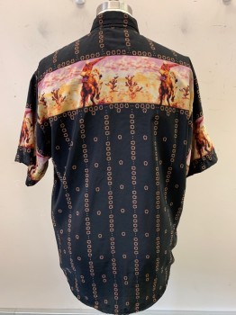 Mens, Western, Pool Jorch, Black, Brown, Pink, Polyester, Graphic, XL, S/S, C.A., Button Front, Chest Pocket, Horseshoe Print with Image