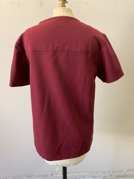 JAANUU, Red Burgundy, Polyester, Rayon, V-neck, Pullover, 1 Chest Pocket with Zipper, Short Sleeves